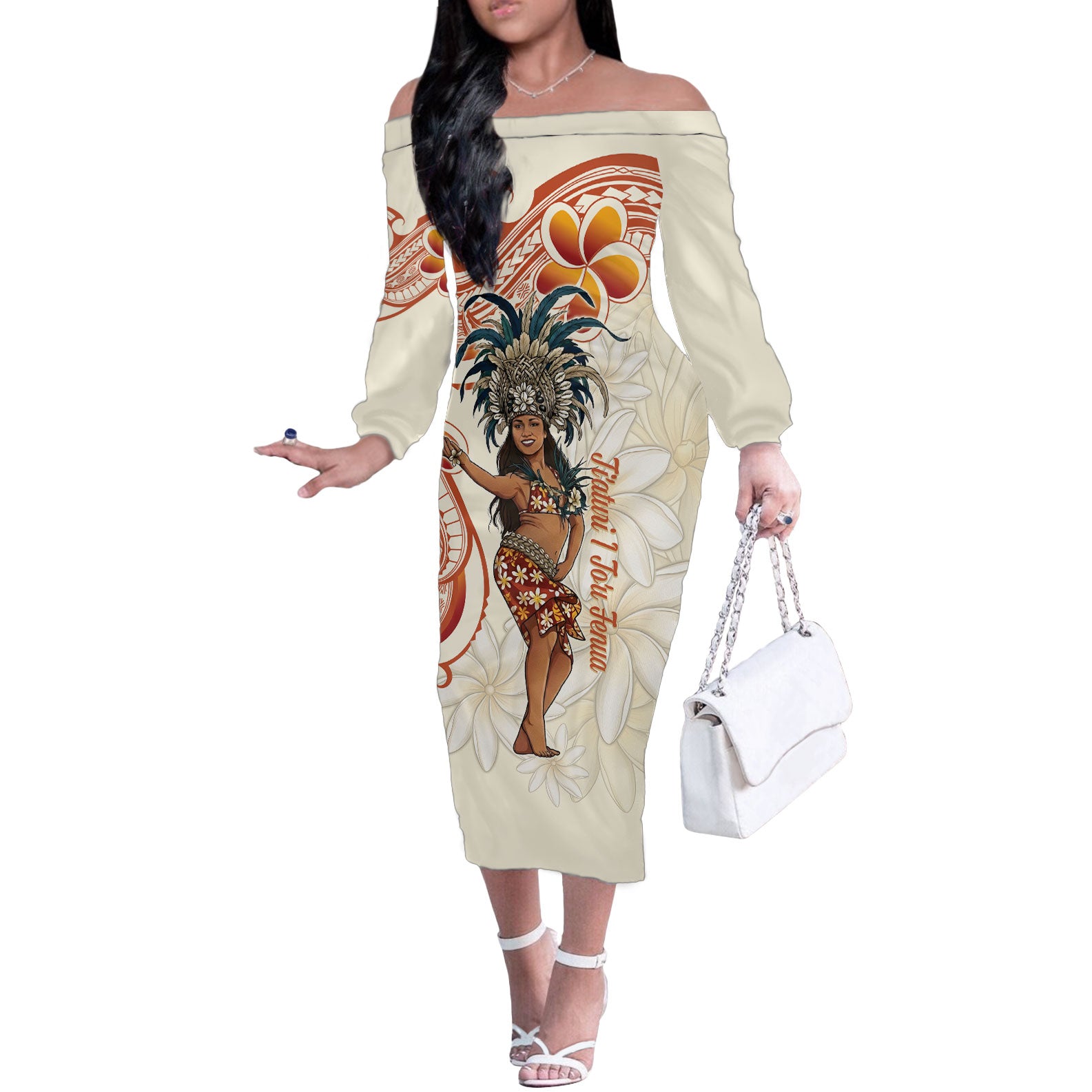 Heiva i Tahiti Off The Shoulder Long Sleeve Dress Ori Tahitian Dance Tiare Maori