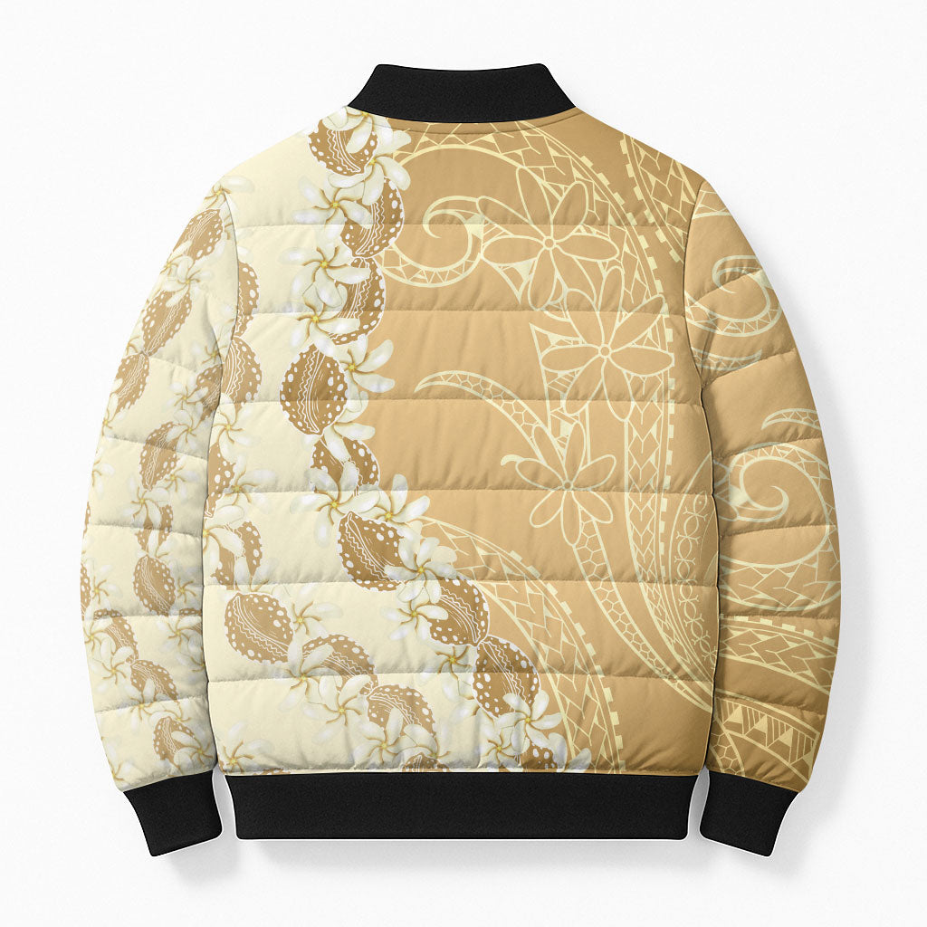 Heiva i Tahiti Bomber Puffer Jacket Tahitian Tiare Maori Cowrie Lei Brown