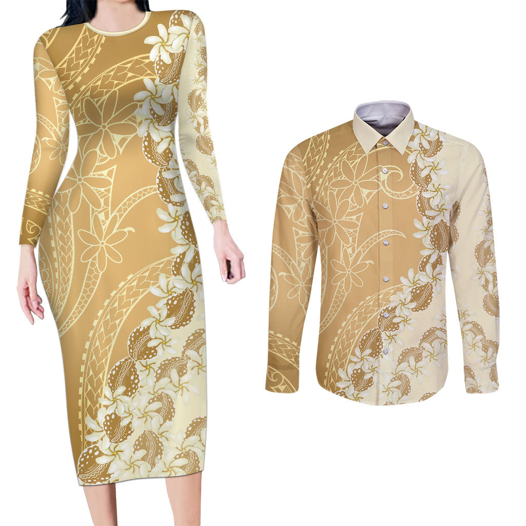 Heiva i Tahiti Couples Matching Long Sleeve Bodycon Dress and Long Sleeve Button Shirt Tahitian Tiare Maori Cowrie Lei Brown LT14 Brown - Polynesian Pride