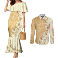 Heiva i Tahiti Couples Matching Mermaid Dress and Long Sleeve Button Shirt Tahitian Tiare Maori Cowrie Lei Brown LT14 Brown - Polynesian Pride