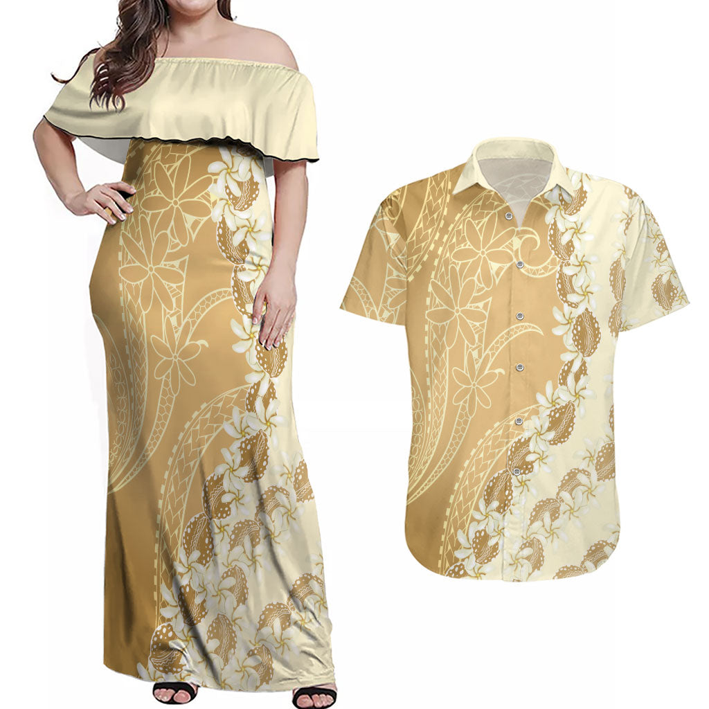 Heiva i Tahiti Couples Matching Off Shoulder Maxi Dress and Hawaiian Shirt Tahitian Tiare Maori Cowrie Lei Brown LT14 Brown - Polynesian Pride