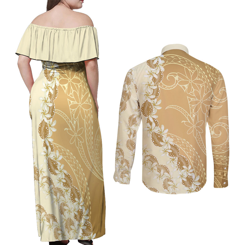 Heiva i Tahiti Couples Matching Off Shoulder Maxi Dress and Long Sleeve Button Shirt Tahitian Tiare Maori Cowrie Lei Brown LT14 - Polynesian Pride