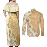 Heiva i Tahiti Couples Matching Off Shoulder Maxi Dress and Long Sleeve Button Shirt Tahitian Tiare Maori Cowrie Lei Brown LT14 - Polynesian Pride