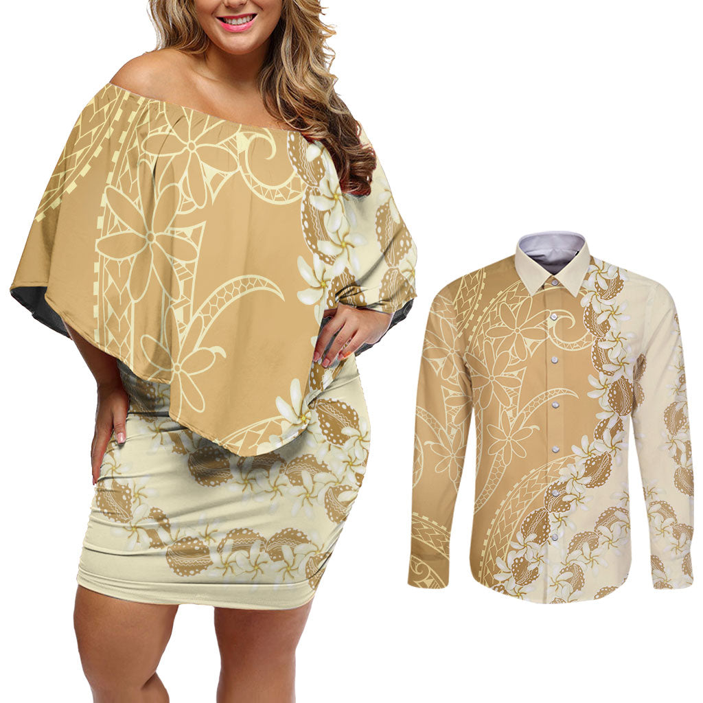 Heiva i Tahiti Couples Matching Off Shoulder Short Dress and Long Sleeve Button Shirt Tahitian Tiare Maori Cowrie Lei Brown LT14 Brown - Polynesian Pride