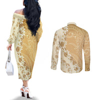 Heiva i Tahiti Couples Matching Off The Shoulder Long Sleeve Dress and Long Sleeve Button Shirt Tahitian Tiare Maori Cowrie Lei Brown LT14 - Polynesian Pride