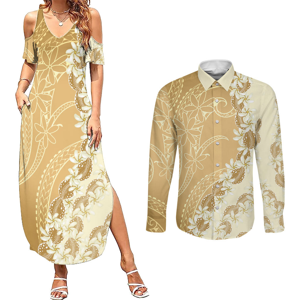 Heiva i Tahiti Couples Matching Summer Maxi Dress and Long Sleeve Button Shirt Tahitian Tiare Maori Cowrie Lei Brown