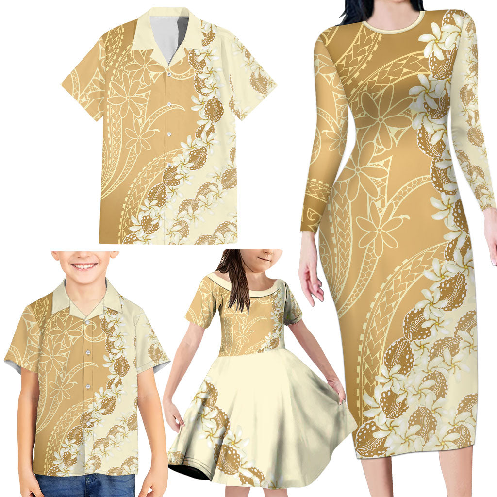 Heiva i Tahiti Family Matching Long Sleeve Bodycon Dress and Hawaiian Shirt Tahitian Tiare Maori Cowrie Lei Brown