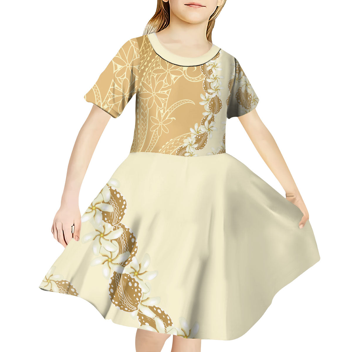 Heiva i Tahiti Kid Short Sleeve Dress Tahitian Tiare Maori Cowrie Lei Brown