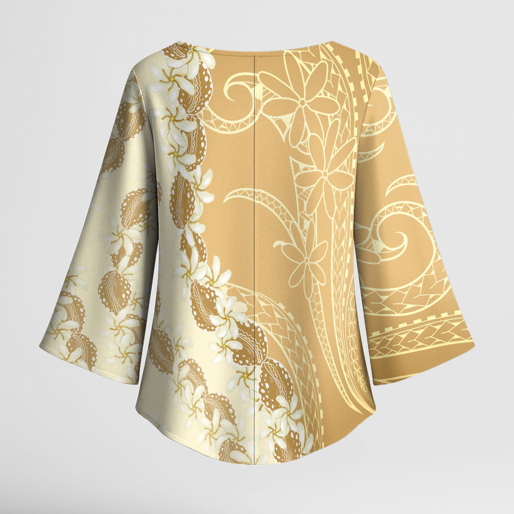 Heiva i Tahiti Kimono Sleeve Blouse Tahitian Tiare Maori Cowrie Lei Brown