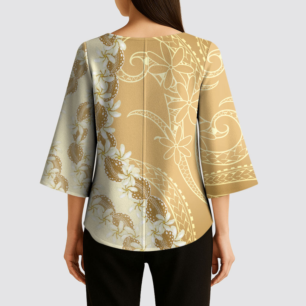Heiva i Tahiti Kimono Sleeve Blouse Tahitian Tiare Maori Cowrie Lei Brown