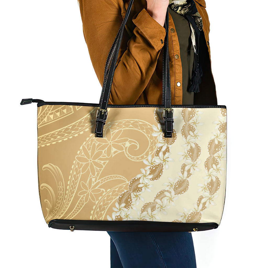 Heiva i Tahiti Leather Tote Bag Tahitian Tiare Maori Cowrie Lei Brown