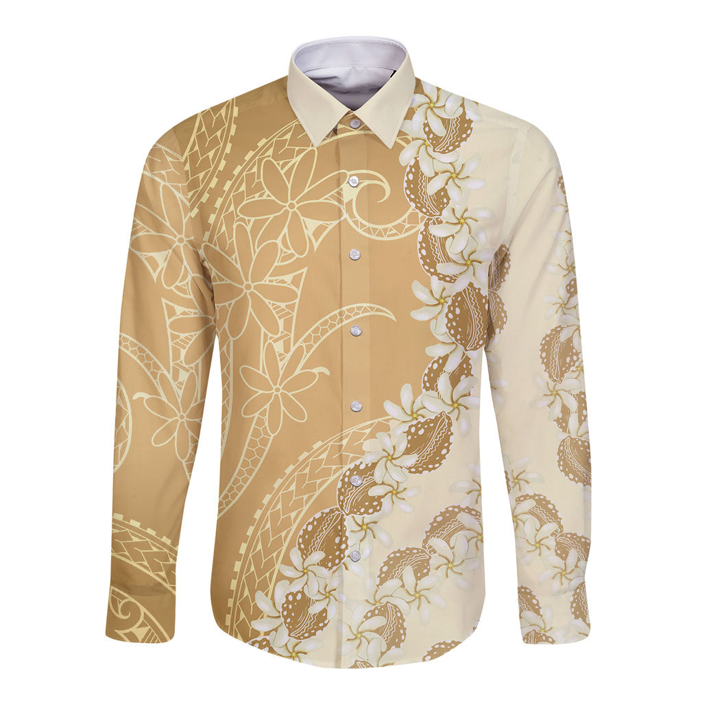 Heiva i Tahiti Long Sleeve Button Shirt Tahitian Tiare Maori Cowrie Lei Brown