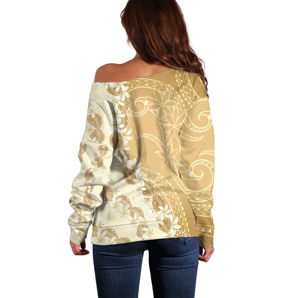 Heiva i Tahiti Off Shoulder Sweater Tahitian Tiare Maori Cowrie Lei Brown