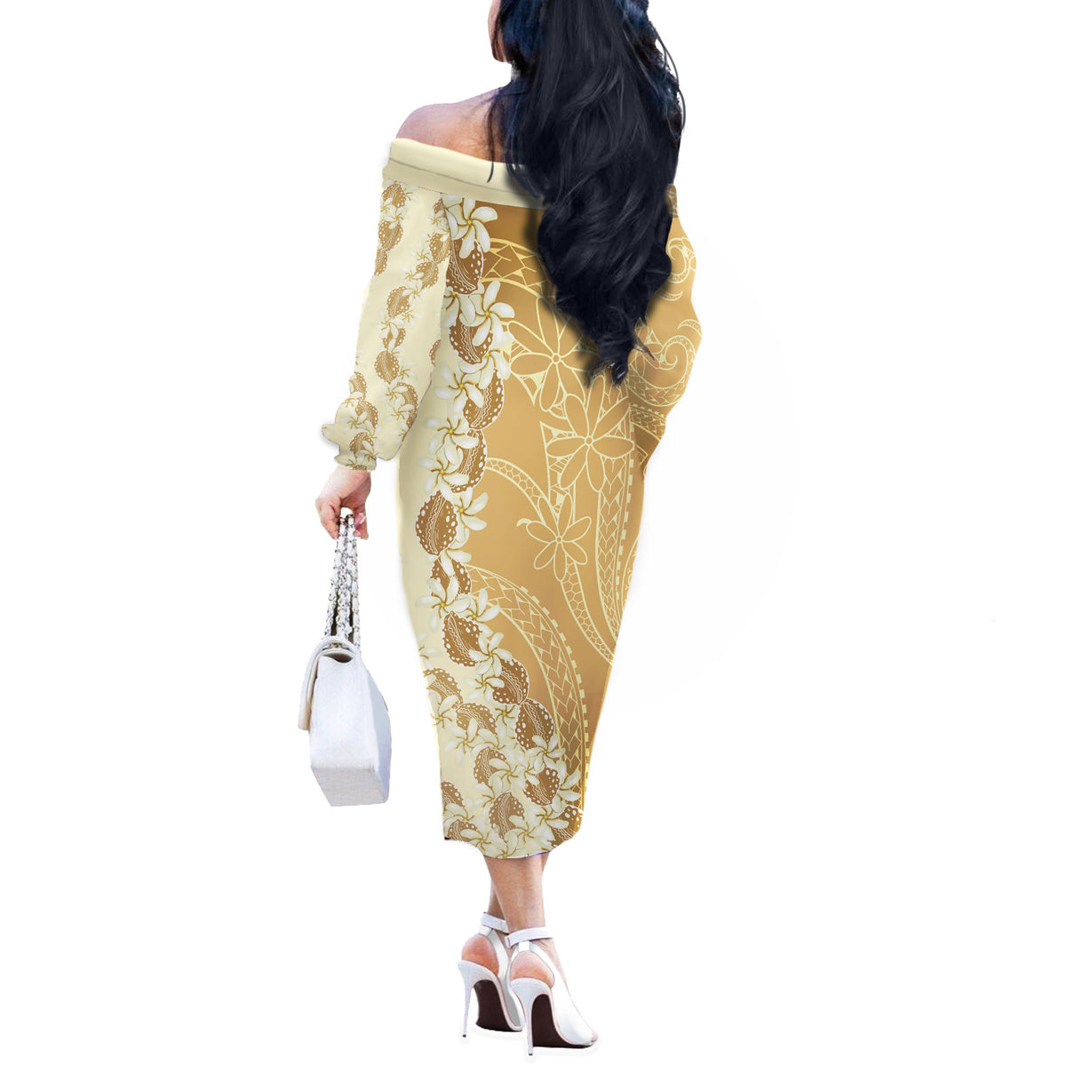 Heiva i Tahiti Off The Shoulder Long Sleeve Dress Tahitian Tiare Maori Cowrie Lei Brown LT14 - Polynesian Pride