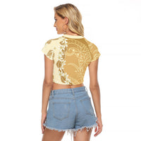 Heiva i Tahiti Raglan Cropped T Shirt Tahitian Tiare Maori Cowrie Lei Brown