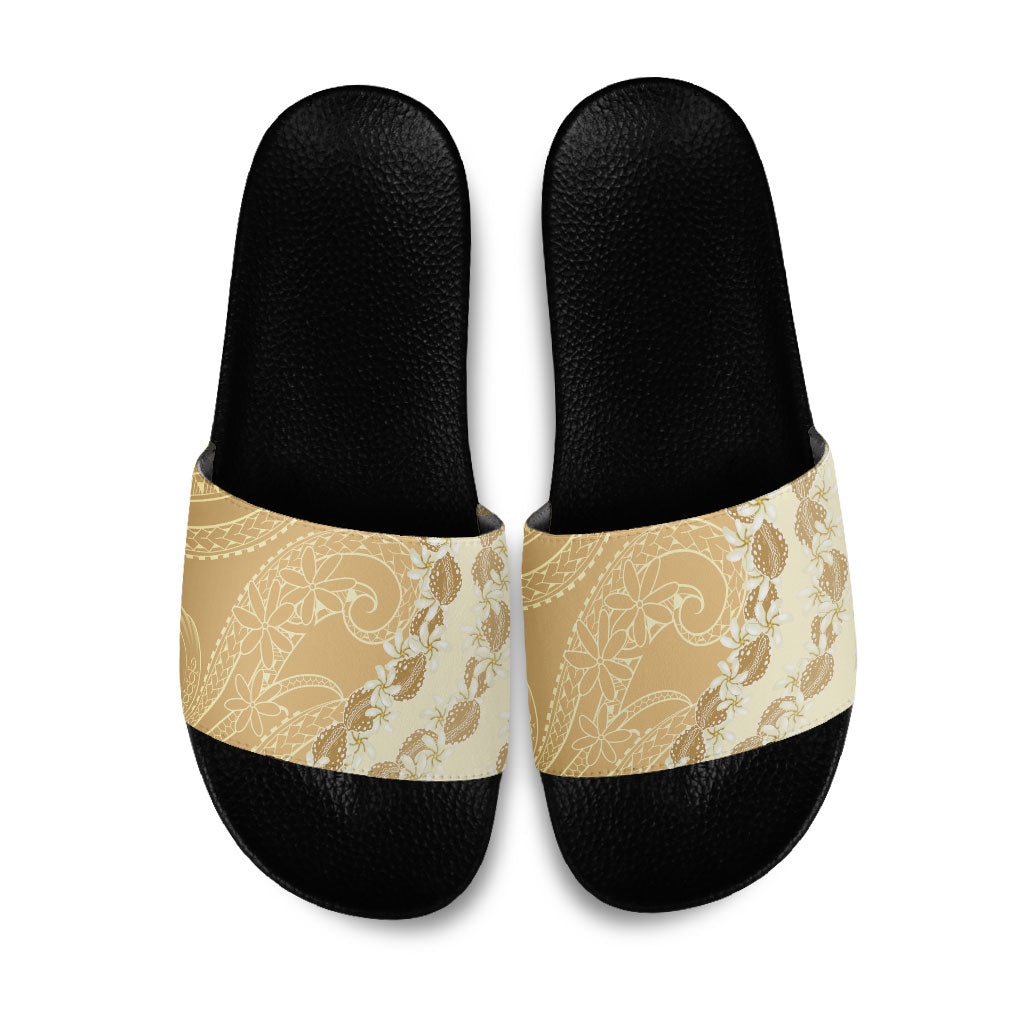 Heiva i Tahiti Slide Sandals Tahitian Tiare Maori Cowrie Lei Brown