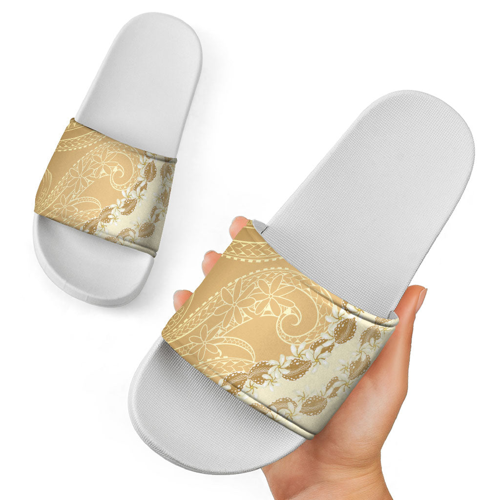 Heiva i Tahiti Slide Sandals Tahitian Tiare Maori Cowrie Lei Brown