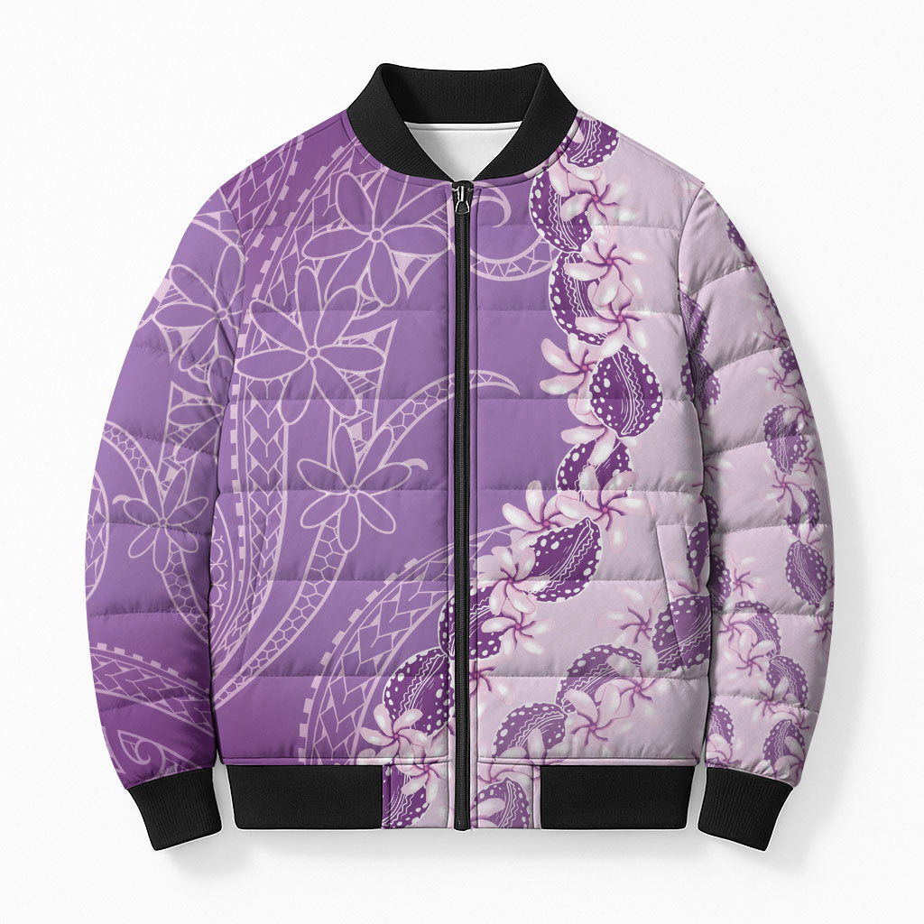 Heiva i Tahiti Bomber Puffer Jacket Tahitian Tiare Maori Cowrie Lei Purple