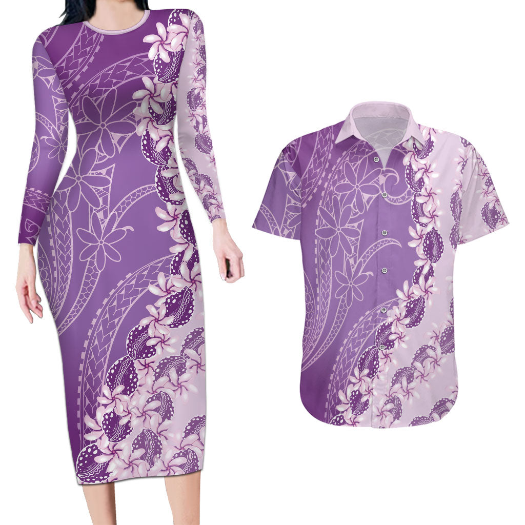Heiva i Tahiti Couples Matching Long Sleeve Bodycon Dress and Hawaiian Shirt Tahitian Tiare Maori Cowrie Lei Purple LT14 Purple - Polynesian Pride