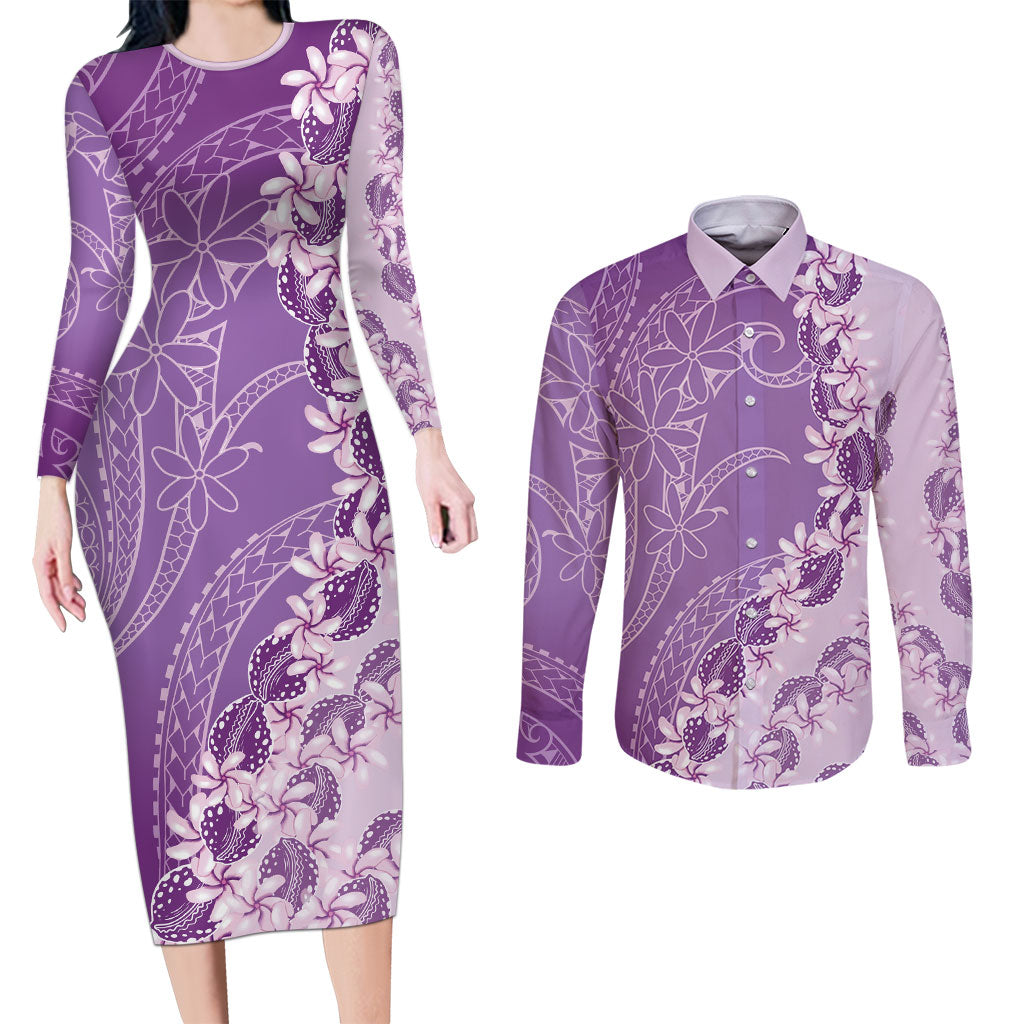 Heiva i Tahiti Couples Matching Long Sleeve Bodycon Dress and Long Sleeve Button Shirt Tahitian Tiare Maori Cowrie Lei Purple LT14 Purple - Polynesian Pride