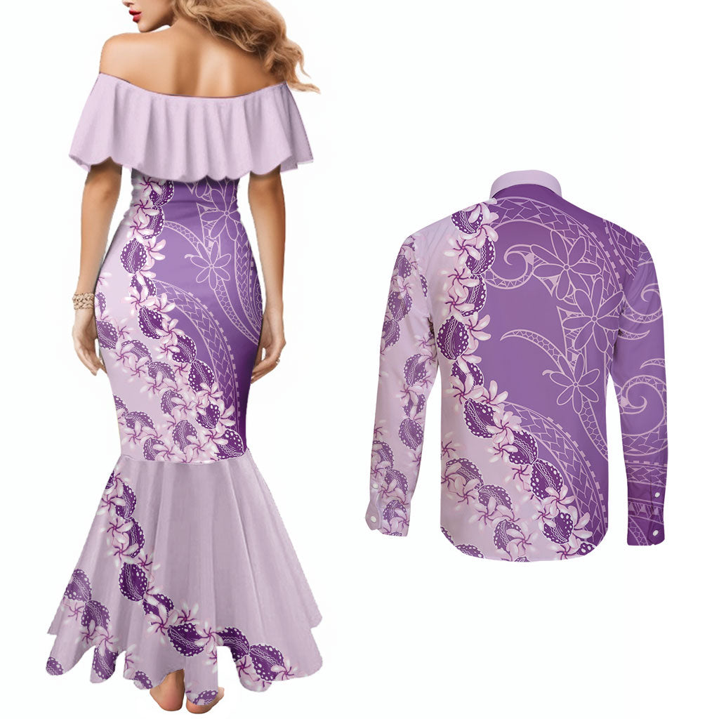 Heiva i Tahiti Couples Matching Mermaid Dress and Long Sleeve Button Shirt Tahitian Tiare Maori Cowrie Lei Purple LT14 - Polynesian Pride
