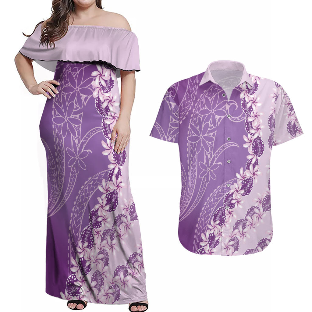 Heiva i Tahiti Couples Matching Off Shoulder Maxi Dress and Hawaiian Shirt Tahitian Tiare Maori Cowrie Lei Purple