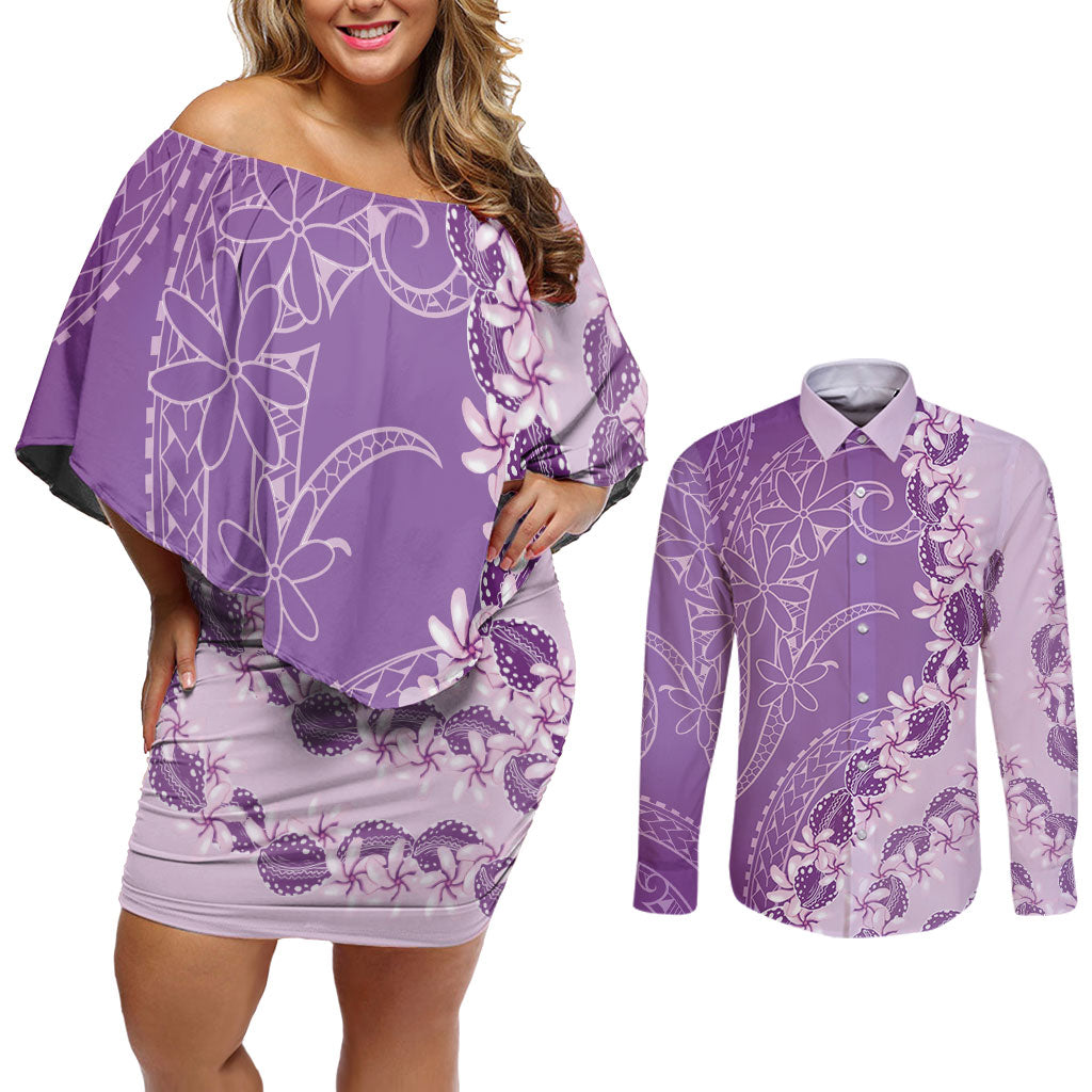 Heiva i Tahiti Couples Matching Off Shoulder Short Dress and Long Sleeve Button Shirt Tahitian Tiare Maori Cowrie Lei Purple