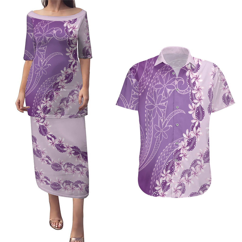 Heiva i Tahiti Couples Matching Puletasi and Hawaiian Shirt Tahitian Tiare Maori Cowrie Lei Purple