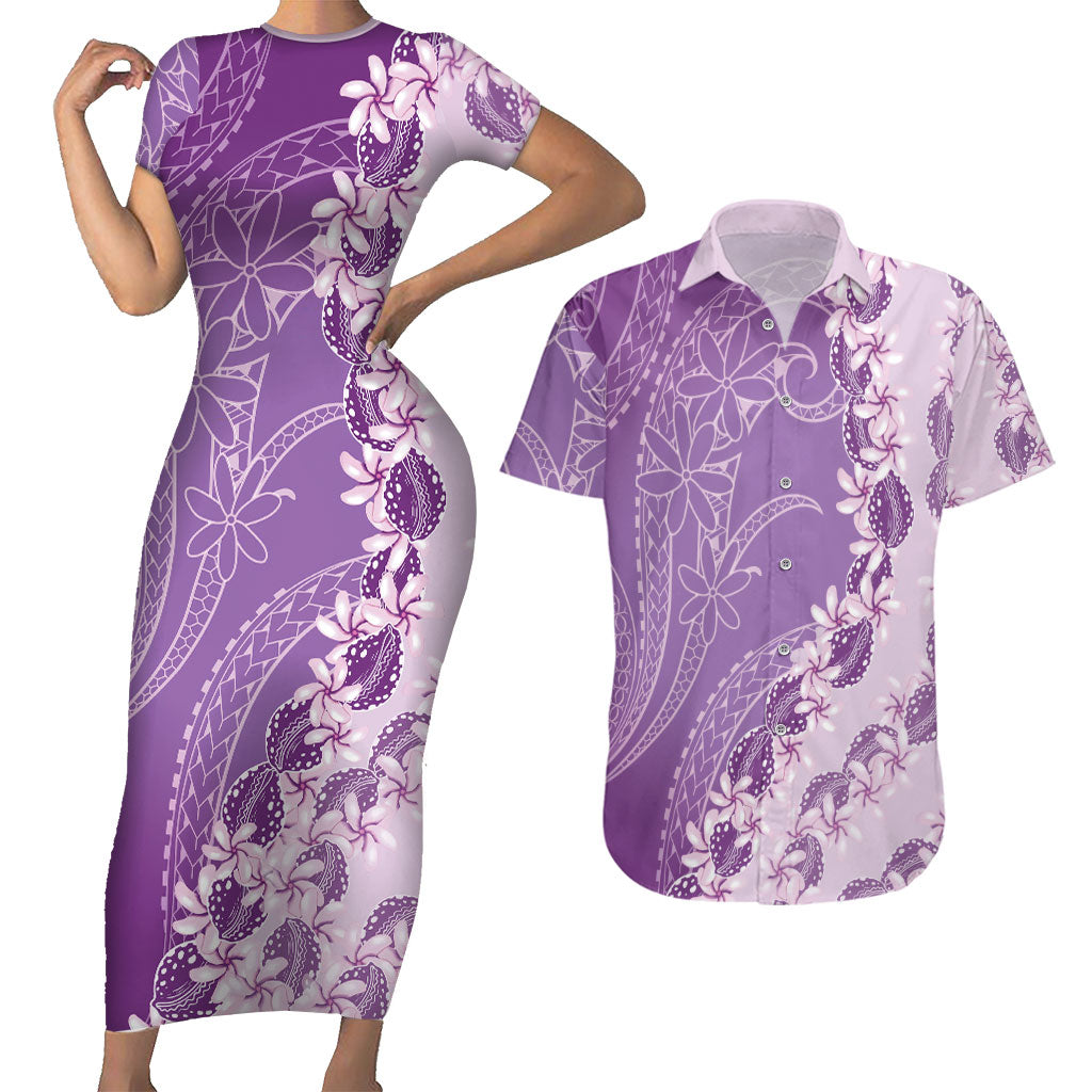 Heiva i Tahiti Couples Matching Short Sleeve Bodycon Dress and Hawaiian Shirt Tahitian Tiare Maori Cowrie Lei Purple LT14 Purple - Polynesian Pride