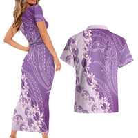 Heiva i Tahiti Couples Matching Short Sleeve Bodycon Dress and Hawaiian Shirt Tahitian Tiare Maori Cowrie Lei Purple LT14 - Polynesian Pride