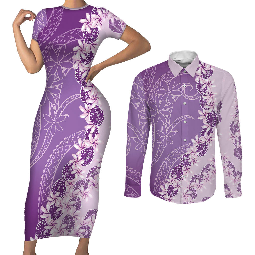 Heiva i Tahiti Couples Matching Short Sleeve Bodycon Dress and Long Sleeve Button Shirt Tahitian Tiare Maori Cowrie Lei Purple
