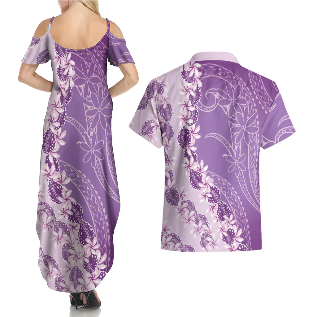 Heiva i Tahiti Couples Matching Summer Maxi Dress and Hawaiian Shirt Tahitian Tiare Maori Cowrie Lei Purple LT14 - Polynesian Pride