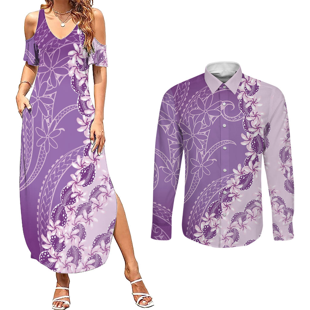 Heiva i Tahiti Couples Matching Summer Maxi Dress and Long Sleeve Button Shirt Tahitian Tiare Maori Cowrie Lei Purple LT14 Purple - Polynesian Pride