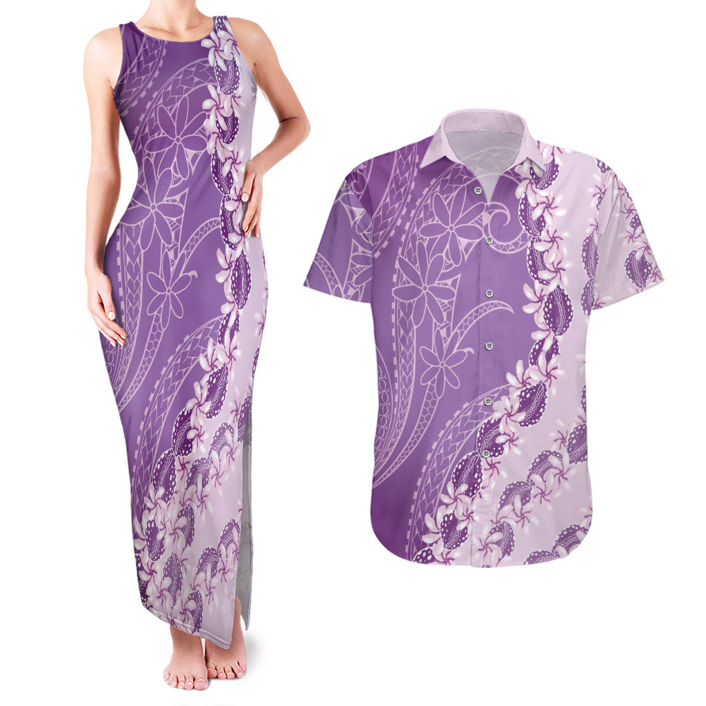 Heiva i Tahiti Couples Matching Tank Maxi Dress and Hawaiian Shirt Tahitian Tiare Maori Cowrie Lei Purple