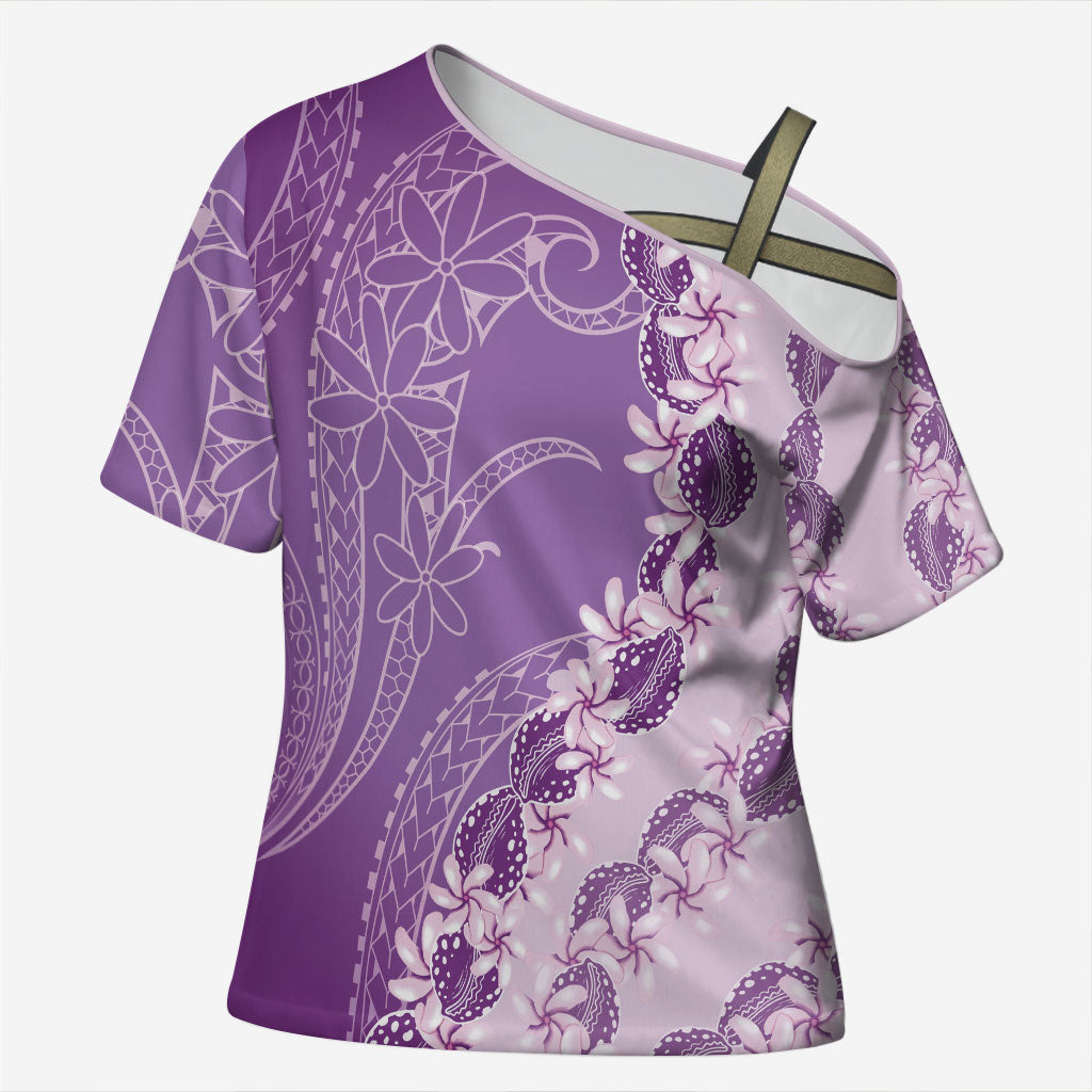 Heiva i Tahiti Cross Shoulder Shirt Tahitian Tiare Maori Cowrie Lei Purple