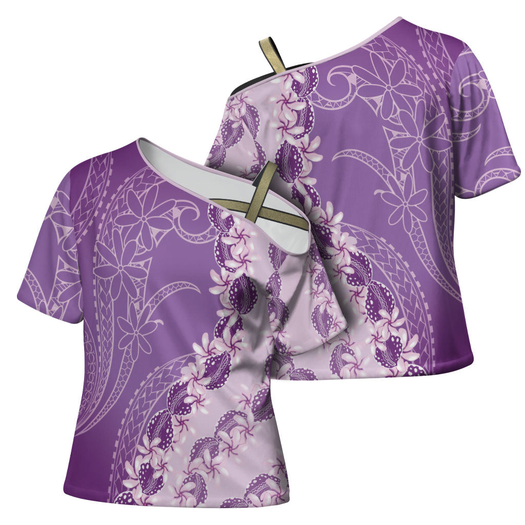 Heiva i Tahiti Cross Shoulder Shirt Tahitian Tiare Maori Cowrie Lei Purple