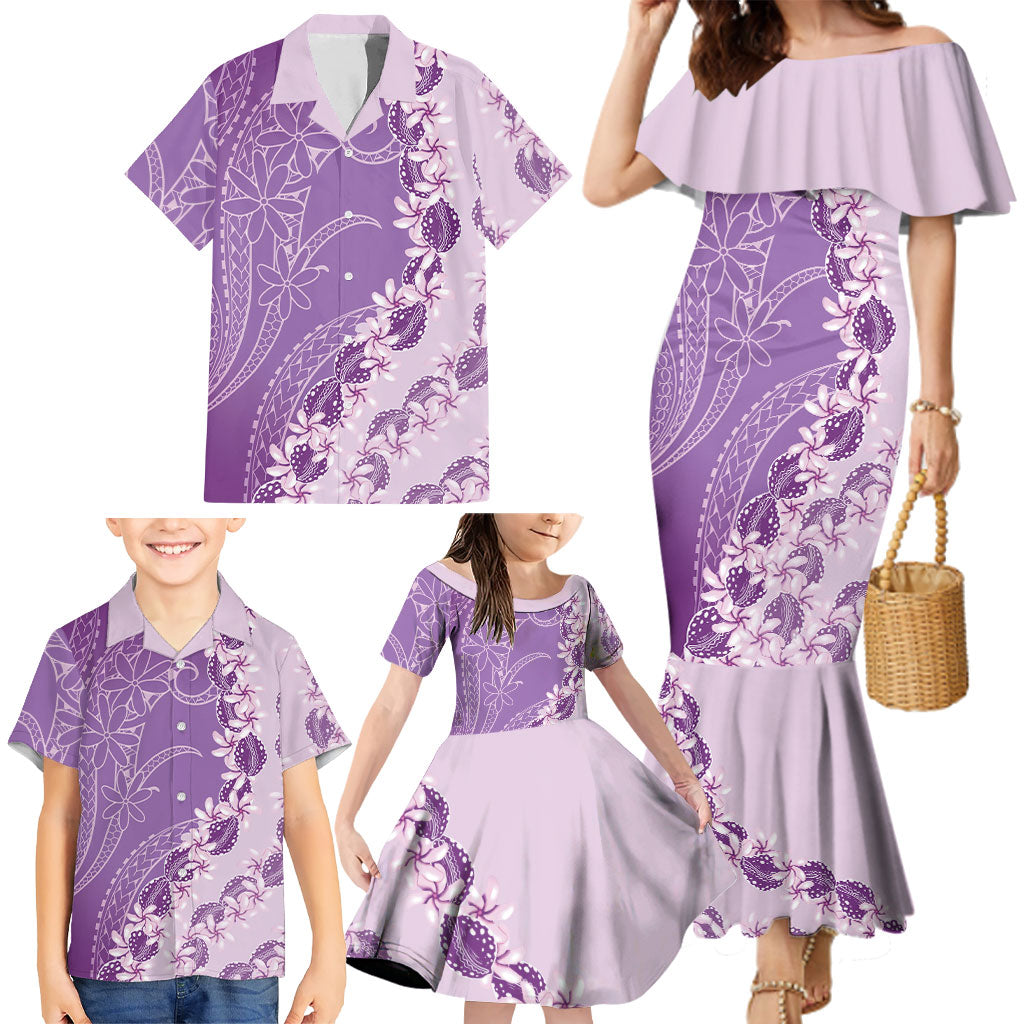 Heiva i Tahiti Family Matching Mermaid Dress and Hawaiian Shirt Tahitian Tiare Maori Cowrie Lei Purple LT14 - Polynesian Pride