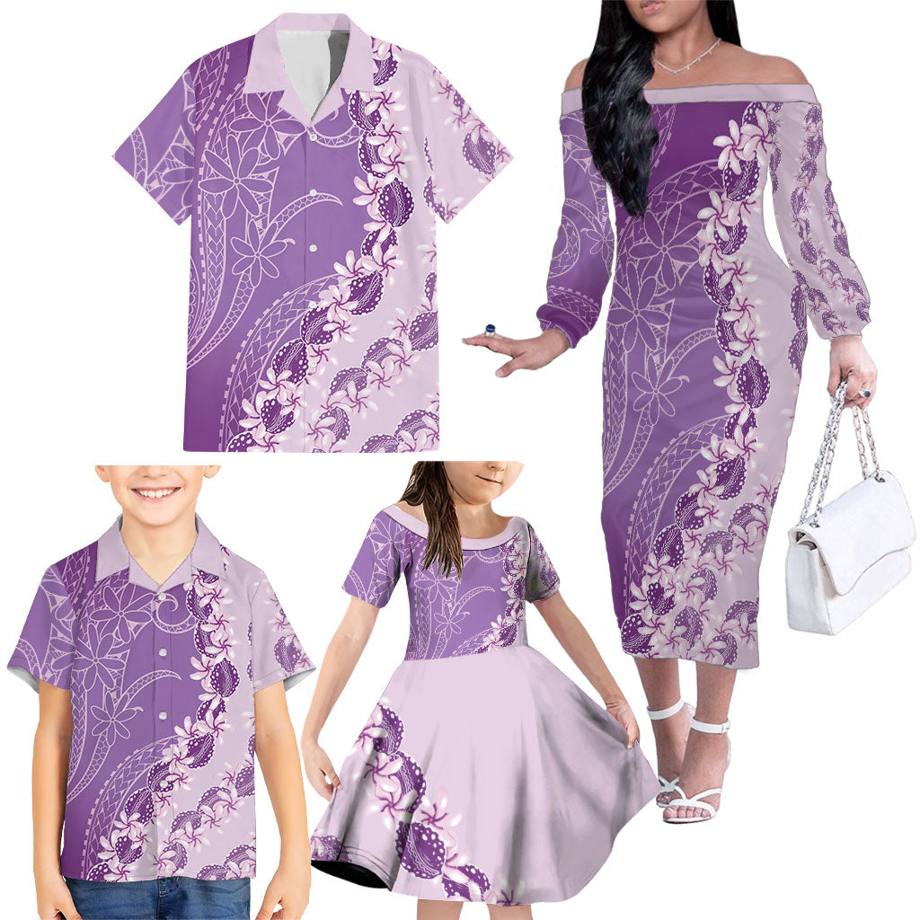 Heiva i Tahiti Family Matching Off The Shoulder Long Sleeve Dress and Hawaiian Shirt Tahitian Tiare Maori Cowrie Lei Purple LT14 - Polynesian Pride