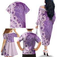 Heiva i Tahiti Family Matching Off The Shoulder Long Sleeve Dress and Hawaiian Shirt Tahitian Tiare Maori Cowrie Lei Purple LT14 - Polynesian Pride