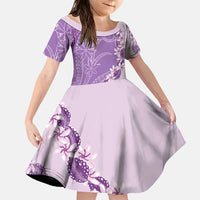 Heiva i Tahiti Family Matching Off Shoulder Maxi Dress and Hawaiian Shirt Tahitian Tiare Maori Cowrie Lei Purple LT14 Daughter's Dress Purple - Polynesian Pride