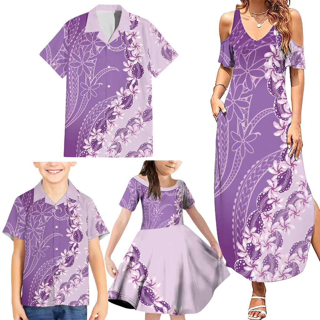 Heiva i Tahiti Family Matching Summer Maxi Dress and Hawaiian Shirt Tahitian Tiare Maori Cowrie Lei Purple LT14 - Polynesian Pride