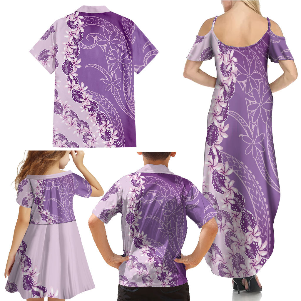 Heiva i Tahiti Family Matching Summer Maxi Dress and Hawaiian Shirt Tahitian Tiare Maori Cowrie Lei Purple LT14 - Polynesian Pride