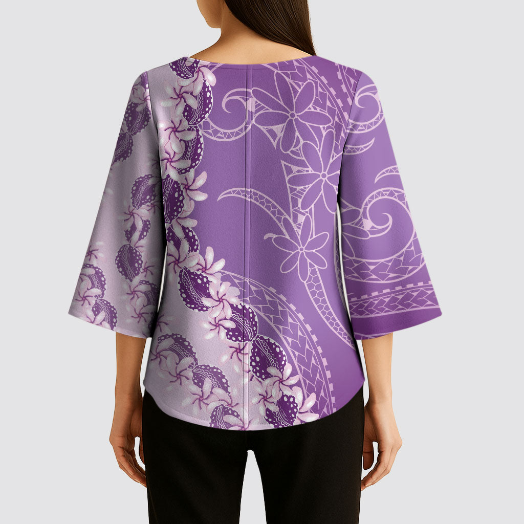 Heiva i Tahiti Kimono Sleeve Blouse Tahitian Tiare Maori Cowrie Lei Purple