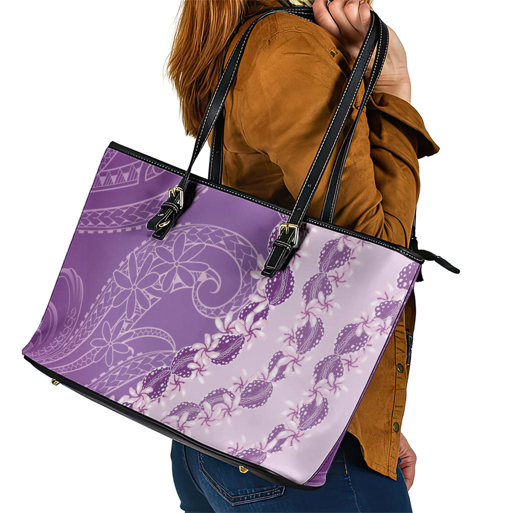 Heiva i Tahiti Leather Tote Bag Tahitian Tiare Maori Cowrie Lei Purple