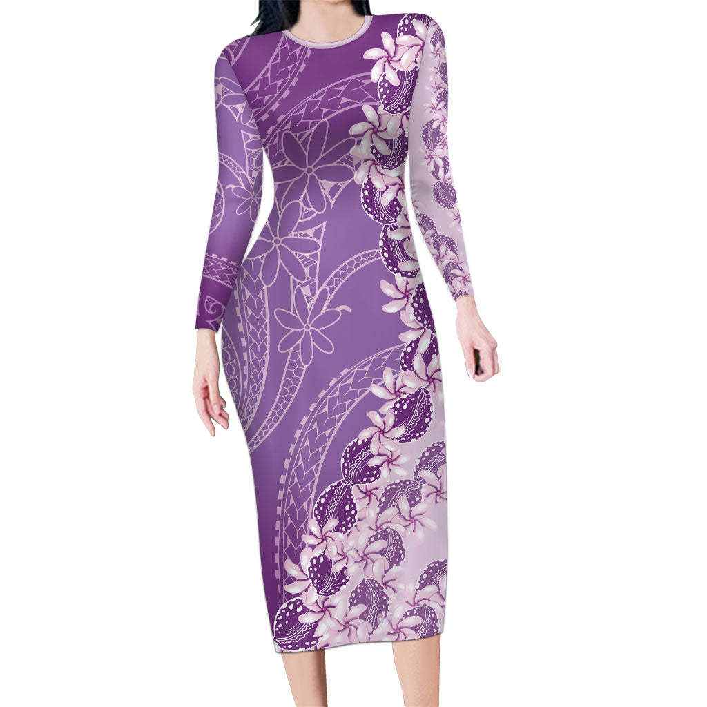 Heiva i Tahiti Long Sleeve Bodycon Dress Tahitian Tiare Maori Cowrie Lei Purple LT14 Long Dress Purple - Polynesian Pride