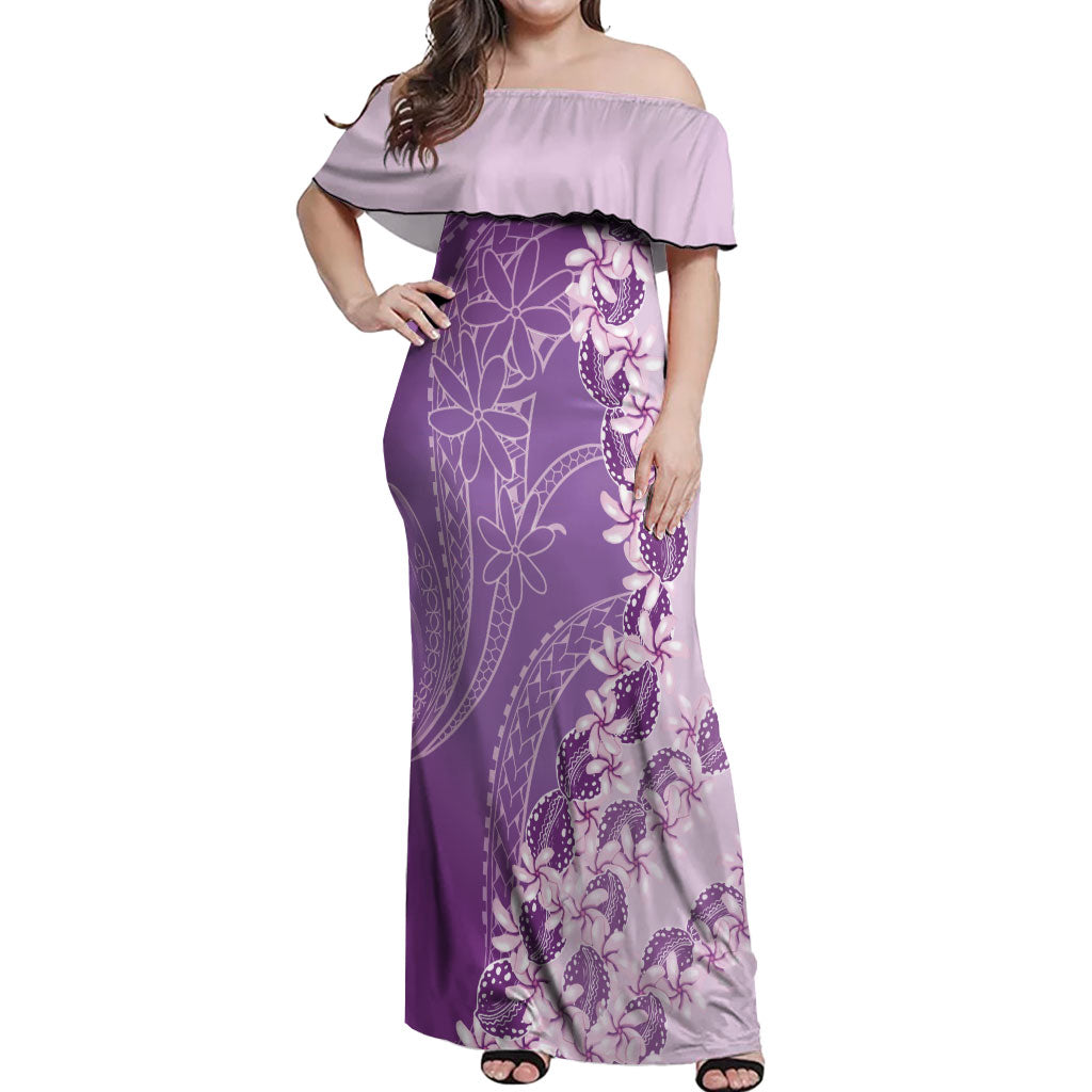 Heiva i Tahiti Off Shoulder Maxi Dress Tahitian Tiare Maori Cowrie Lei Purple