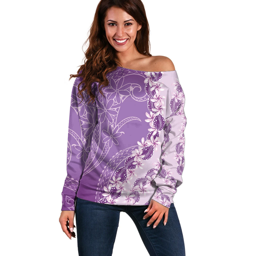 Heiva i Tahiti Off Shoulder Sweater Tahitian Tiare Maori Cowrie Lei Purple