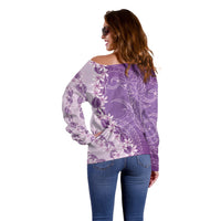 Heiva i Tahiti Off Shoulder Sweater Tahitian Tiare Maori Cowrie Lei Purple