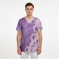 Heiva i Tahiti Scrub Top Tahitian Tiare Maori Cowrie Lei Purple