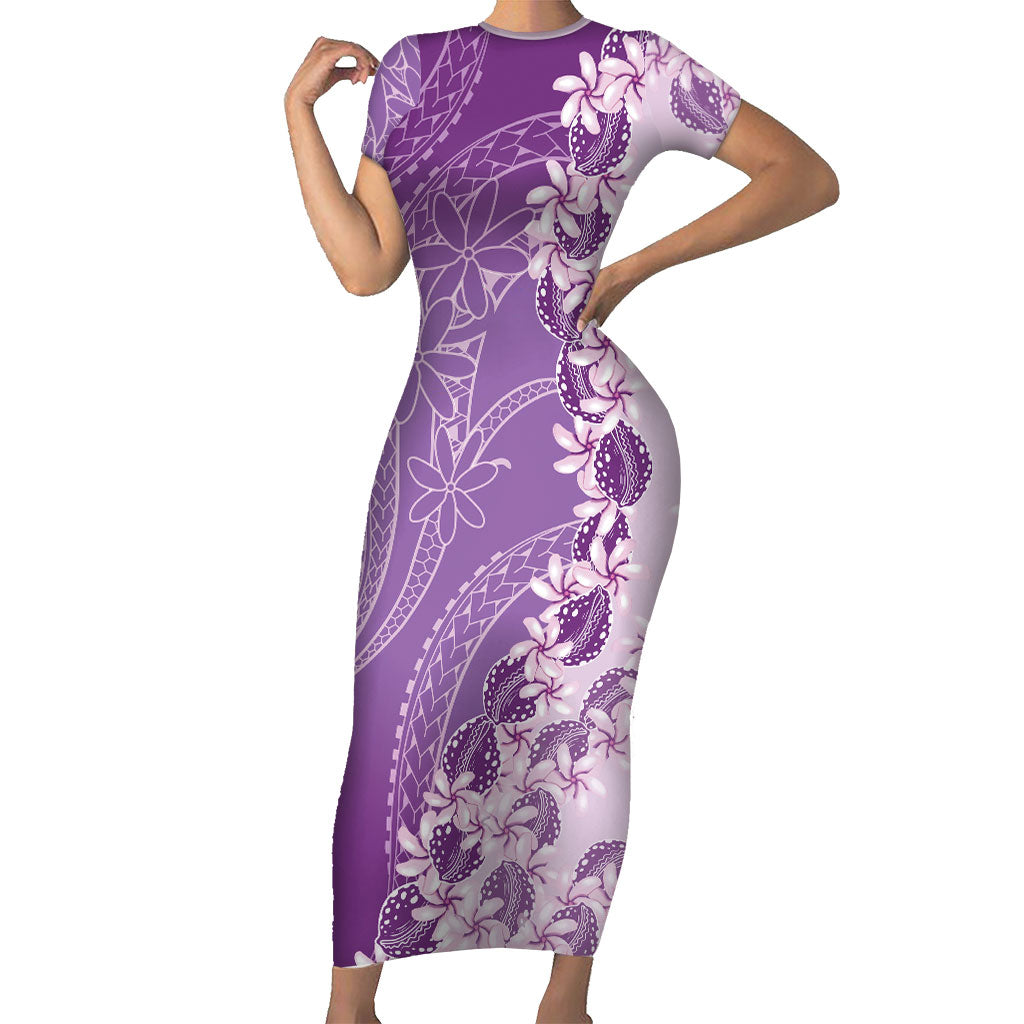Heiva i Tahiti Short Sleeve Bodycon Dress Tahitian Tiare Maori Cowrie Lei Purple LT14 Long Dress Purple - Polynesian Pride